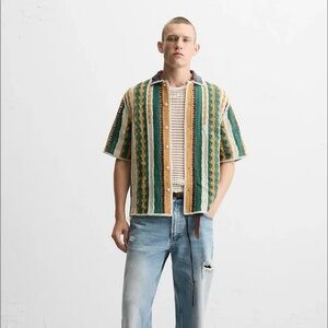 Zara Multicolor Crochet Button-Up Shirt Size XL